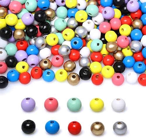 Cuentas de madera de 0.394 in para la fabricación de joyas, 300 cuentas redondas de madera de color negro y dorado y plateado, cuentas sueltas de