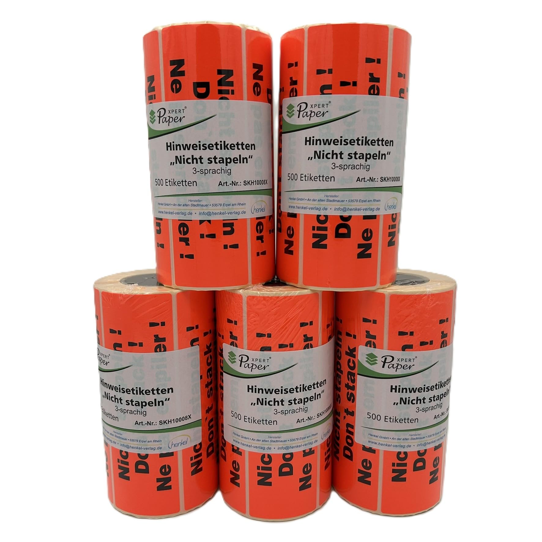 Hinweisetiketten "Nicht stapeln" | Maxipack: 5 Rolle à 500 Stück | 149 x 48 mm | Leuchtfarbe | Stark haftend | Warnetiketten/Versandetiketten - Premium Markenqualität – Made in Germany