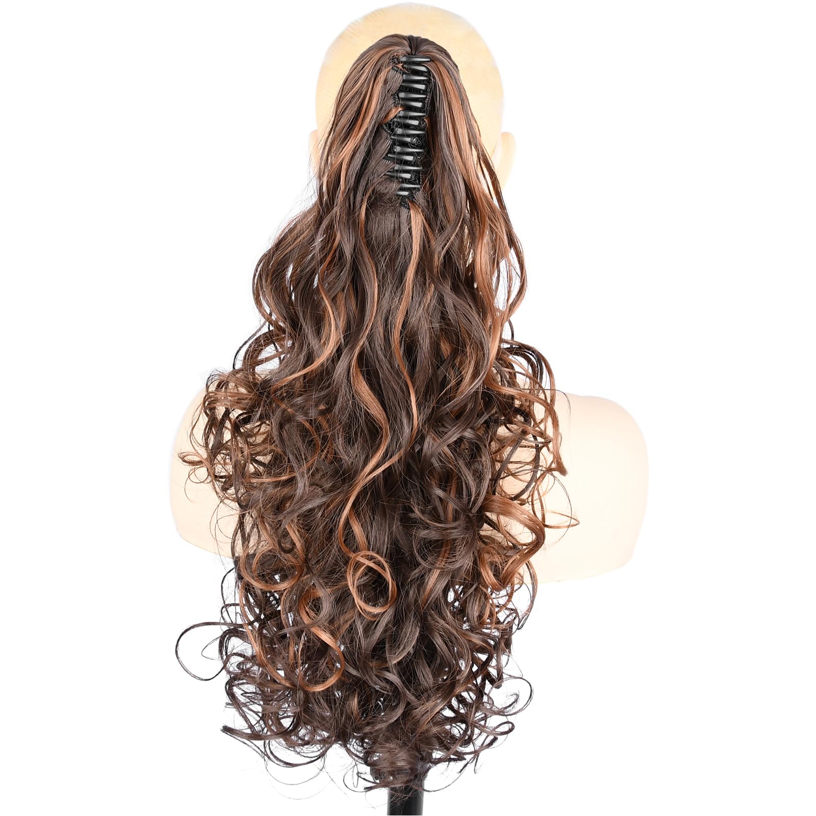 GLEDOLA Ombre Claw Clip In Wavy Loose curly Synthetic Wrap Around Ponytail Extensions Short Pony Tail Clip In Extensions for Women Girl (24 inch-Curly - Image 3