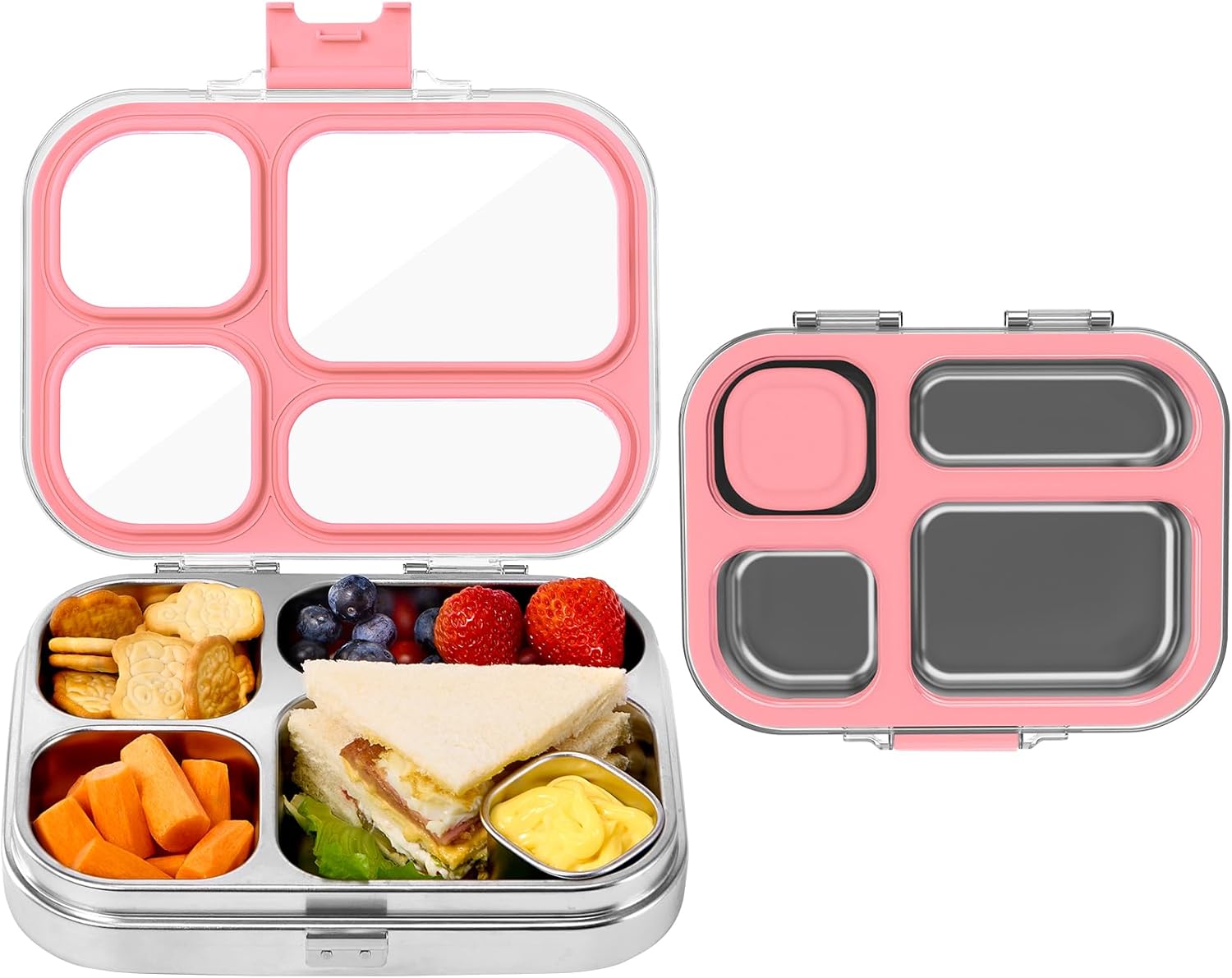 MISS BIG Stainless Steel Lunch Box for Kids, Leak-Proof 304 Metal Bento Boxes 4-Compartments Container, Drop-Resistant and Durable Planet-Friendly,BPA-Free, for Kids School（Pink）