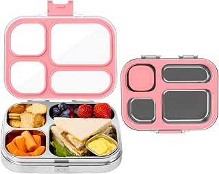MISS BIG Stainless Steel Bento Box for Kids, 28oz 4 Compartments Lunch Box with Clear Lid and Lidded Sauce Cup, 304 Metal Food Container, BPA-Free, Dishwasher Safe for School（Pink）