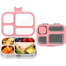 MISS BIG Stainless Steel Bento Box for Kids, 28oz 4 Compartments Lunch Box with Clear Lid and Lidded Sauce Cup, 304 Metal Food Container, BPA-Free, Dishwasher Safe for SchoolPink