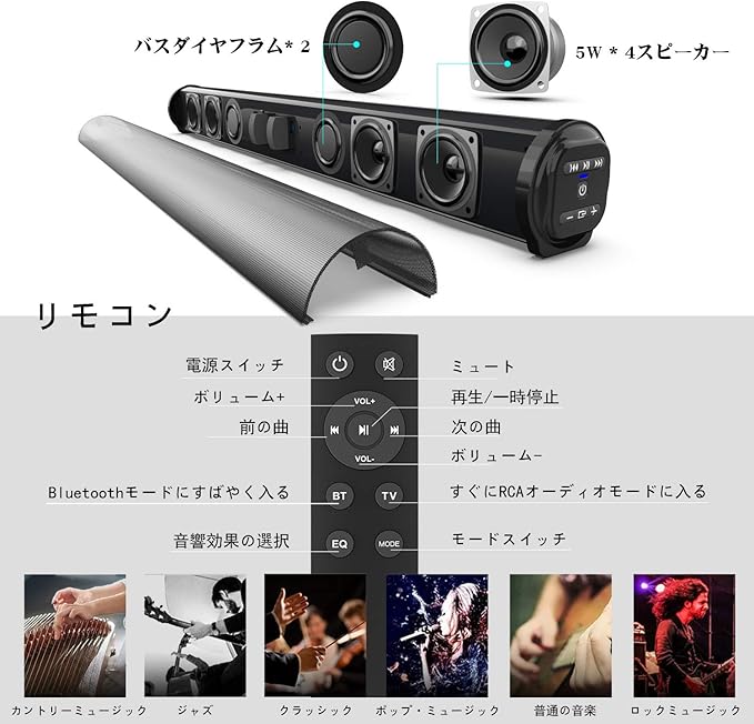 Amazon Co Jp サウンドバー Pc ラップトップ コンピューター テレビ用サウンドバー Fm付きサウンドバー 有線およびワイヤレスbluetooth 5 0サウンドバー Rca Aux Usb接続 4スピーカー付き55cmサウンドバー パソコン 周辺機器