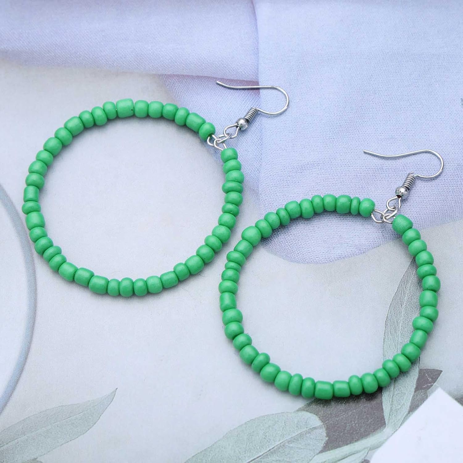 Bohemia Seed Bead Circle Dangle Earrings Green Seed Bead Earrings Rice Bead Hoop Drop Earrings Green Beaded Circle Earrings Jewelry for Women - Image 3