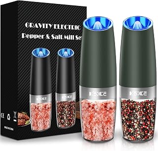 XinXu Gravity Electric Pepper and Salt Grinder Set, Adjustable Coarseness, Battery Powered with LED Light, One Hand Automatic Operation, Dark Green - 2 Pack