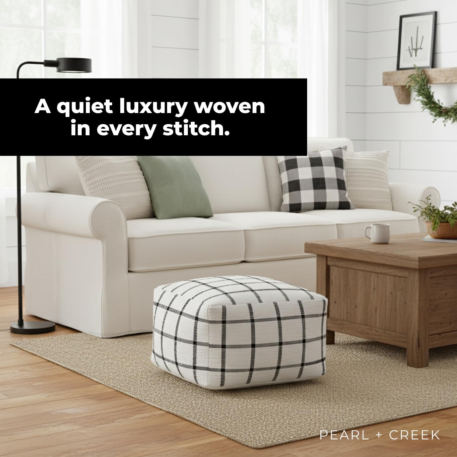 Flenn ottoman cover – 100% Recycled Cotton Pouf w/ Ivory and Charcoal Striped Chevron Design – Handwoven & Washable Unfilled Pouf Cover for Living Room, Bedroom, Entryway, Cottagecore and Boho Decor