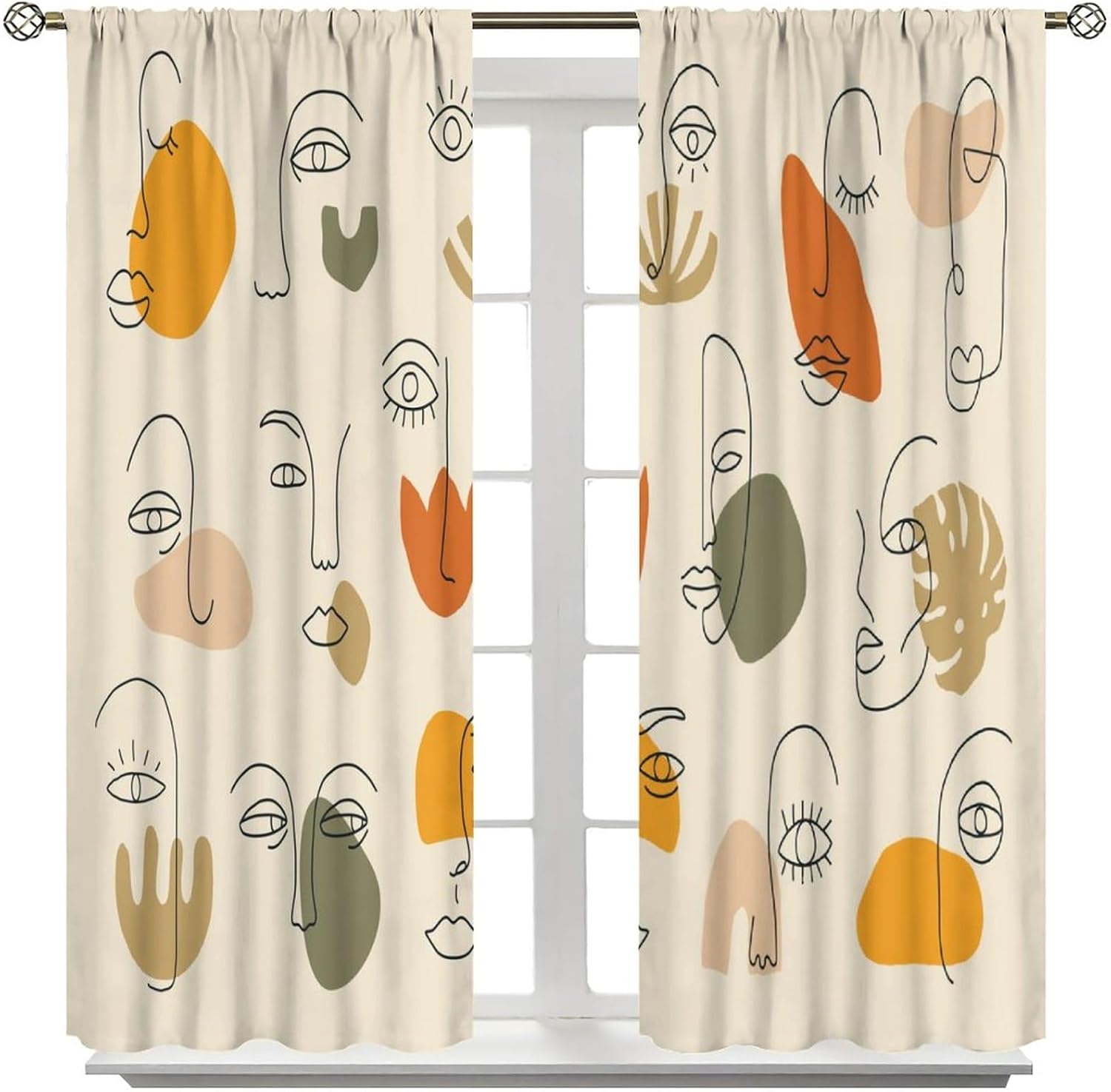 Abstract Human Face Curtains Minimalist Modern Mid Century Aesthetic Portrait Blackout Rod Pocket Curtains for Bedroom Living Room Kitchen Thermal Insulated Window Drapes 2 Panel Set 63x72in