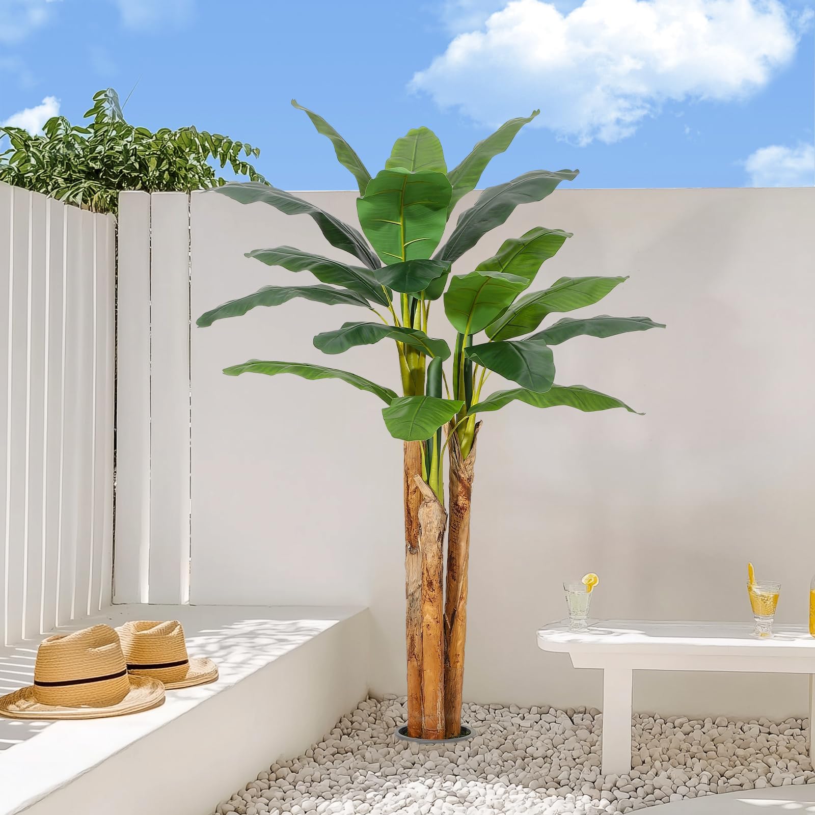 Künstliche Bananenpflanze 180cm, Mit 21 Blättern & Stamm Aus Naturholz Im Grauen Pflanzkübel, Bananenbaum Kunstpflanze Groß Wie Echt Für Wohnzimmer Büro Garten Badezimmer Deko