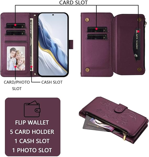 for Huawei Mate 70 Pro/Mate 70 Pro Plus用ウォレットケース、防衝撃PUレザーフリップカバー付き,カードスロット/調整可能スタンド/取り外し可能リストストラップ・ショルダーストラップ、蝶と花のデザイン Phone Case for Women Girls-ダークパープル