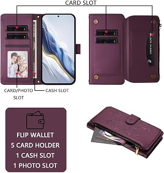 for Huawei Mate 70 Pro/Mate 70 Pro Plus用ウォレットケース、防衝撃PUレザーフリップカバー付き,カードスロット/調整可能スタンド/取り外し可能リストストラップ・ショルダーストラップ、蝶と花のデザイン Phone Case for Women Girls-ダークパープル