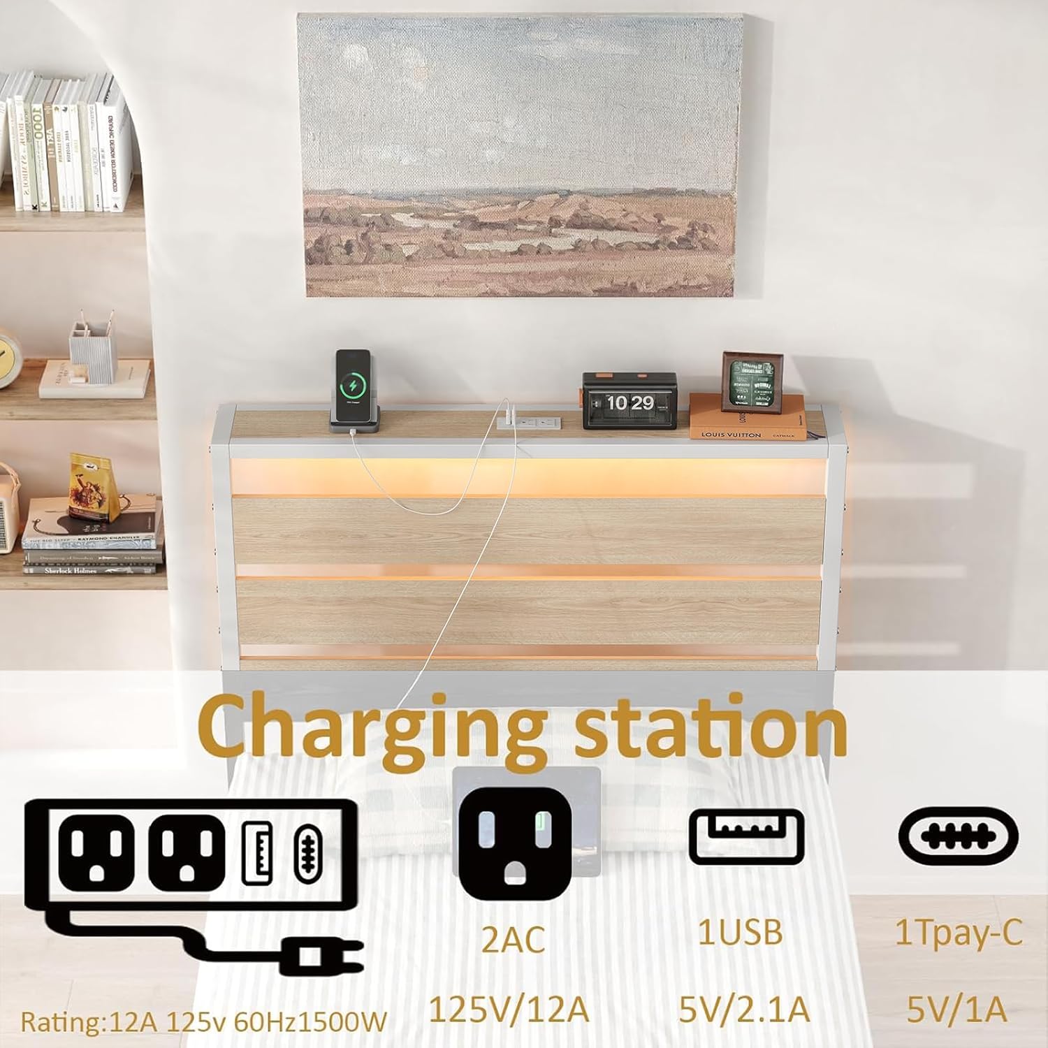 Bed Frame with Headboard and Footboard,Heavy Duty Steel Slats Support Metal Bed Frame with Charging Station (White, Twin) - Image 7