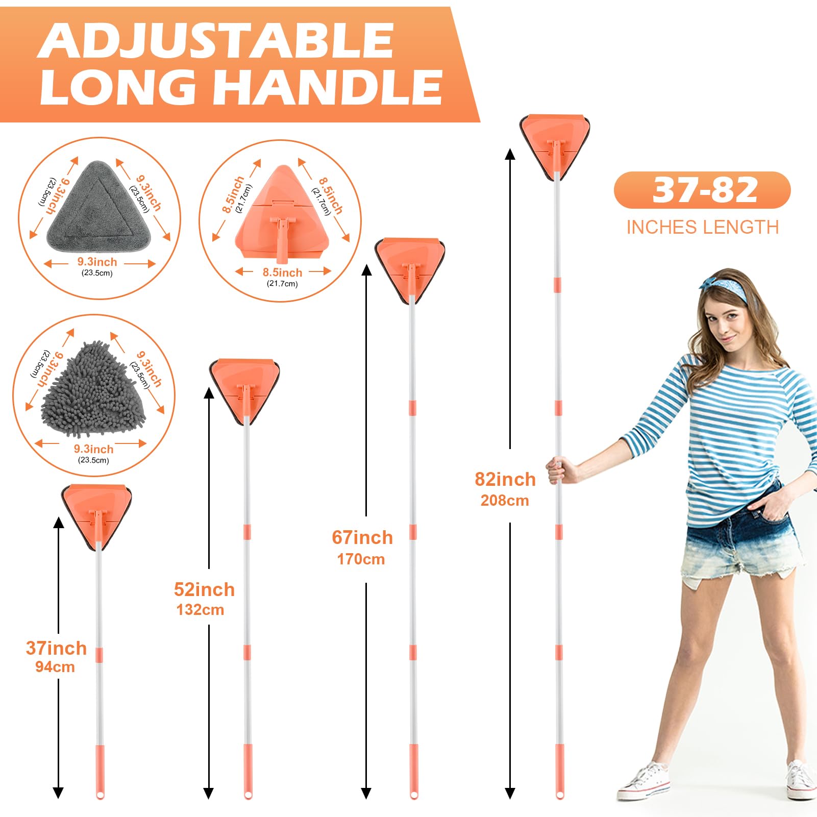 RONSUNG Mopa limpiadora de pared con mango extensible de 82 pulgadas, trapeador triangular multisuperficie con 6 almohadillas reutilizables para limpieza de techo, pared, zócalo, suelo y ventanas