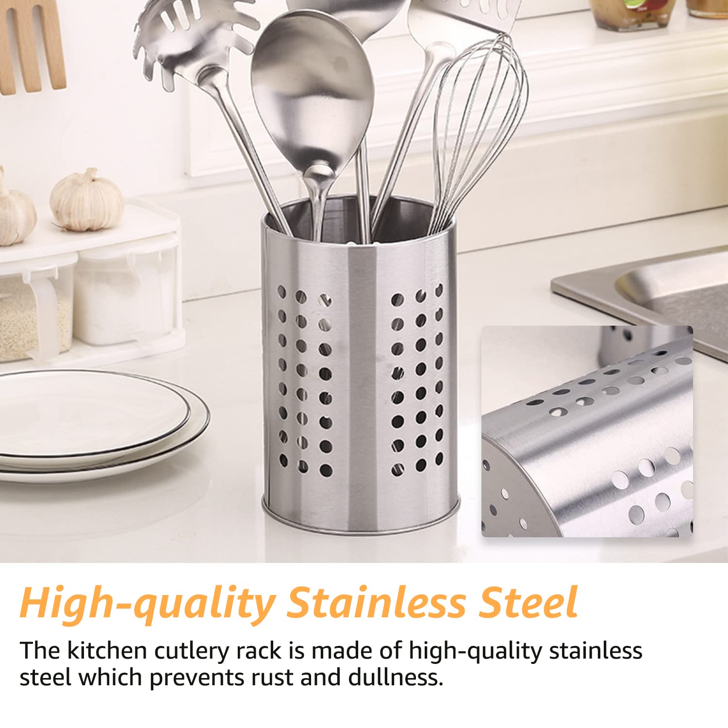 Set 2 Pots à Ustensiles Cuisine Acier Inoxydable - Rangement Couverts Vertical, égouttoir Intégré, 18 Et 16.5 Cm
