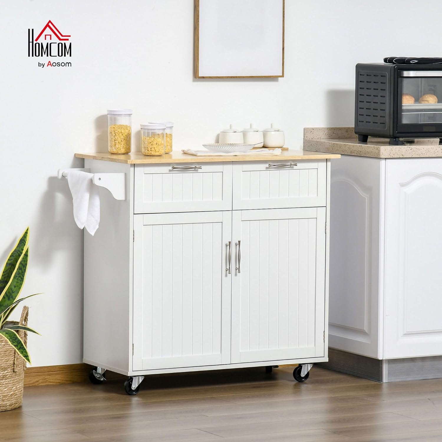 HOMCOM 41" Modern Rolling Kitchen Island on Wheels, Utility Cart Storage Trolley with Rubberwood Top & Drawers, White