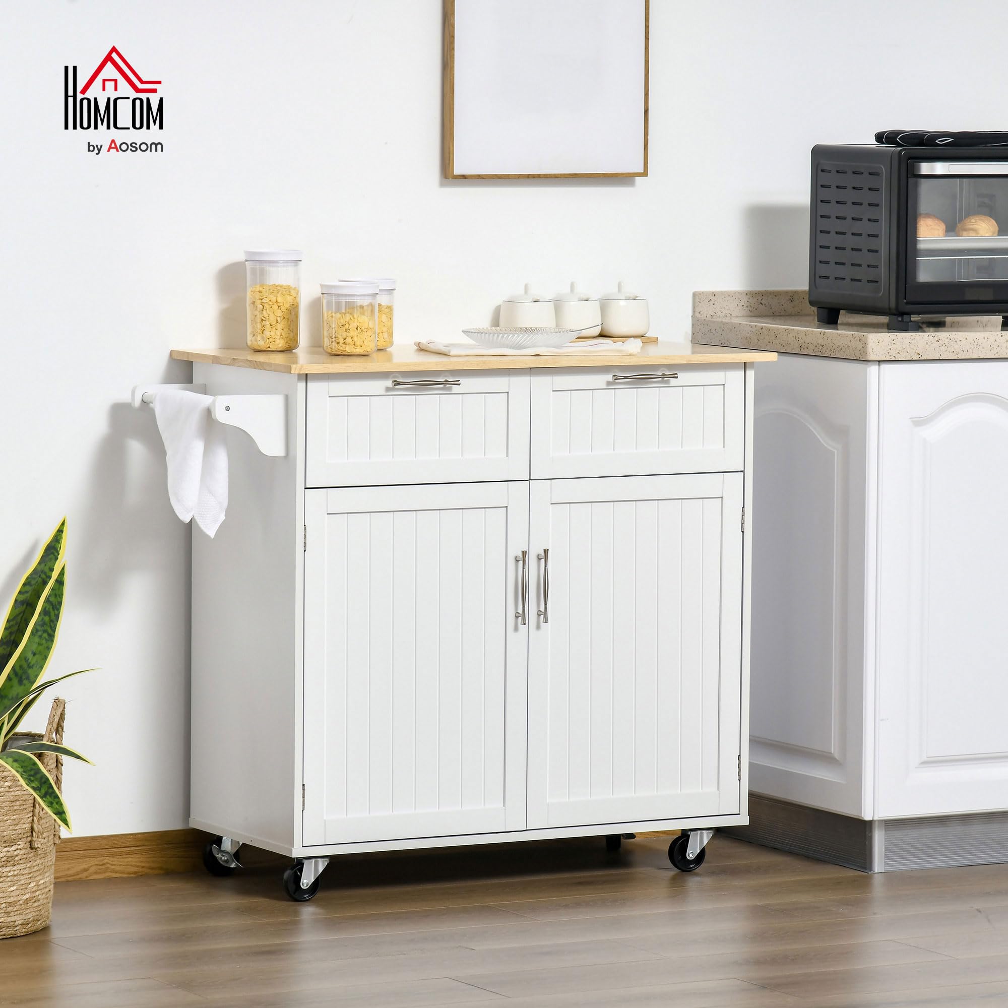 HOMCOM Isola Cucina con Piano di Lavoro in Legno di Caucciù, Carrello Cucina con Ruote, 2 Cassetti, Armadietto, Ripiani Regolabili e Porta Asciughini, in Legno MDF, 104x46x91cm, Bianco