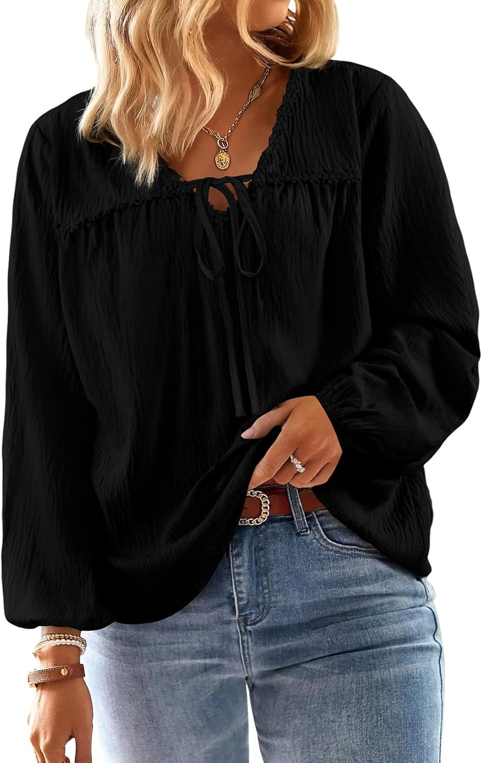 AlvaQ Womens Plus Size Tops Tie Front Long Lantern Sleeve V Neck Floral Applique Blouse Shirt L-4XL