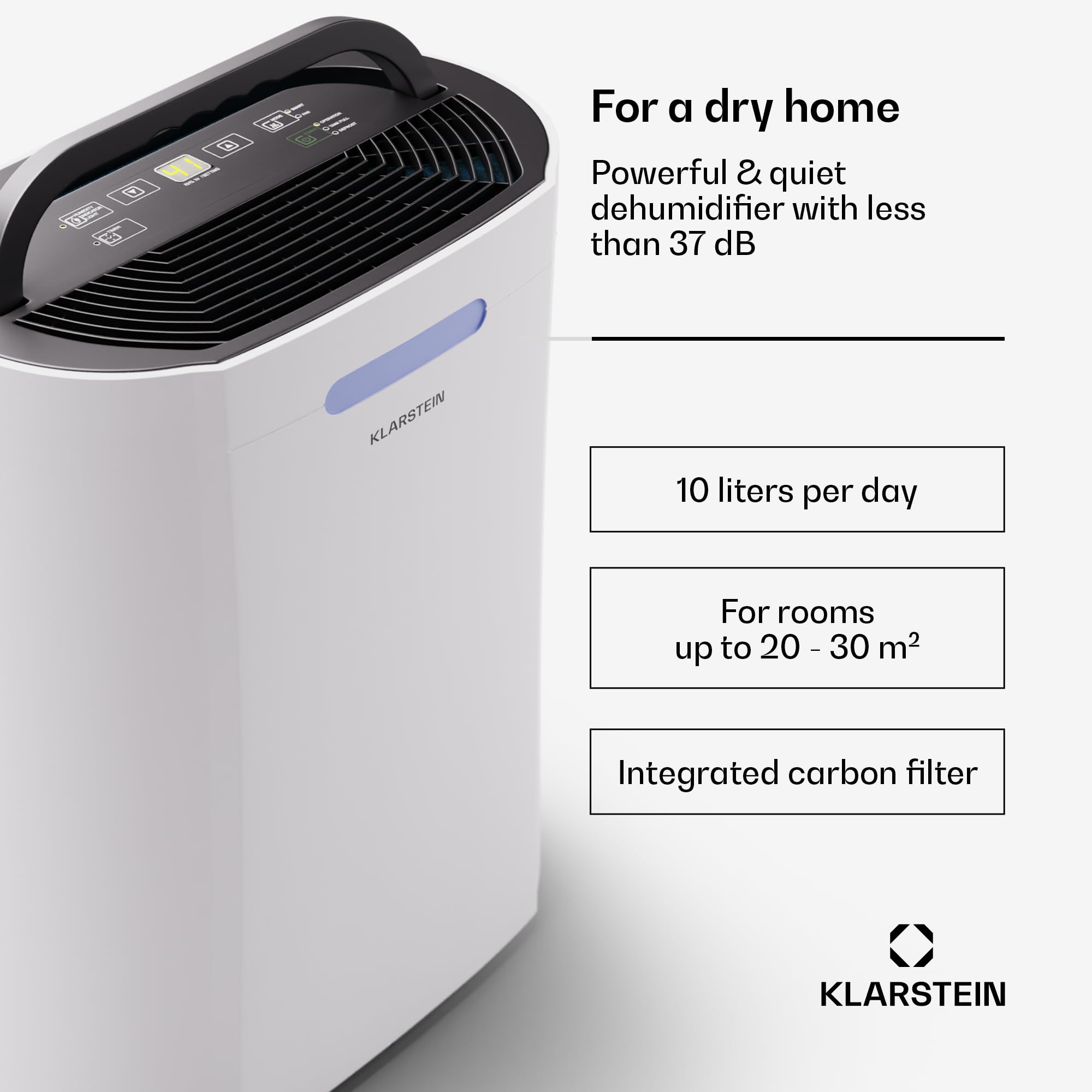 Klarstein Osuszacz powietrza elektryczny, Osuszacz do mieszkania, łazienki i piwnicy, Oszczędny cichy Elektryczny dehumidifier z panelem dotykowym, budowlany o pojemności 10L