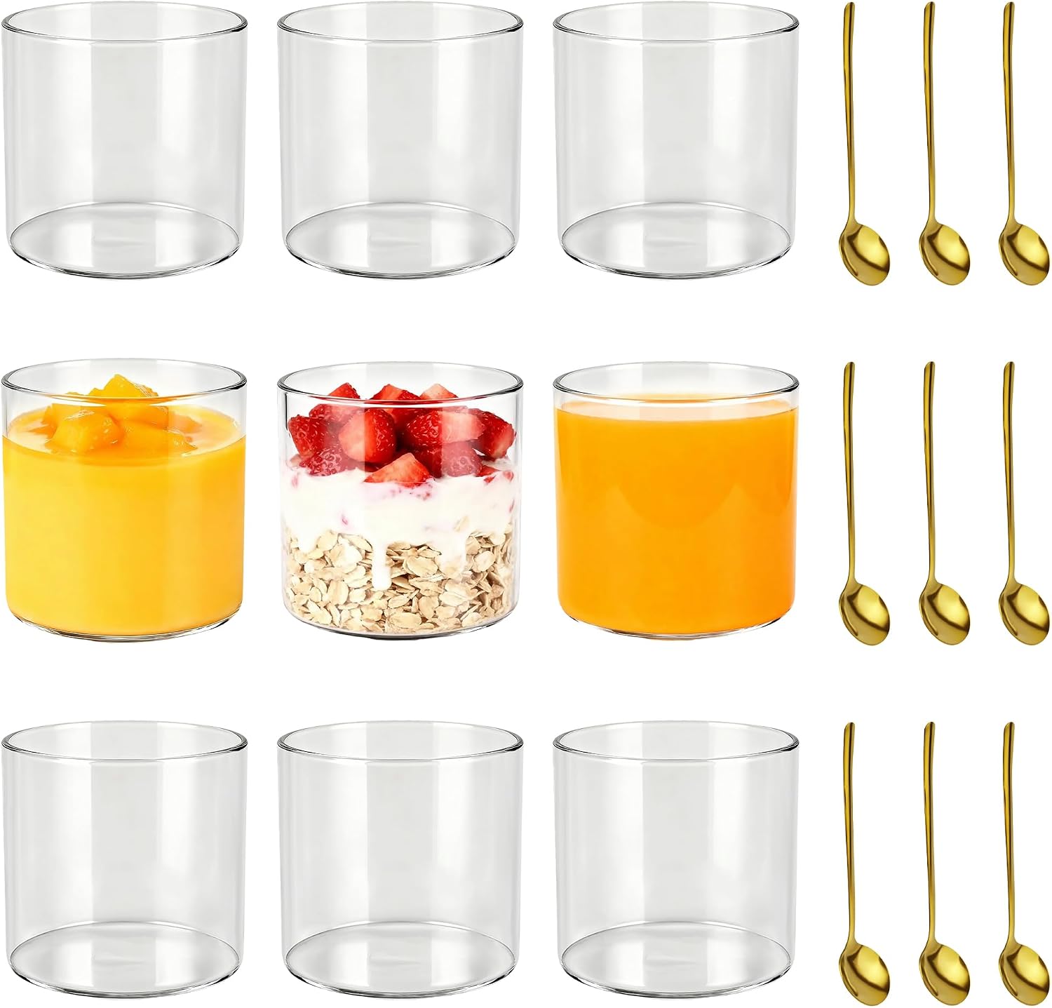 9 Pcs Large Glass Dessert Cups with Gold Spoon 11.5oz