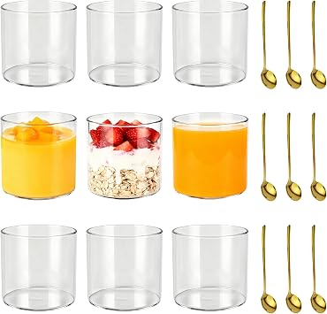 9 Pcs Glass Dessert Cups with Gold Spoon, 11.5oz Clear Glass Dessert Cups, Sauces Dips Glasses Custard Cup for Ice Cream