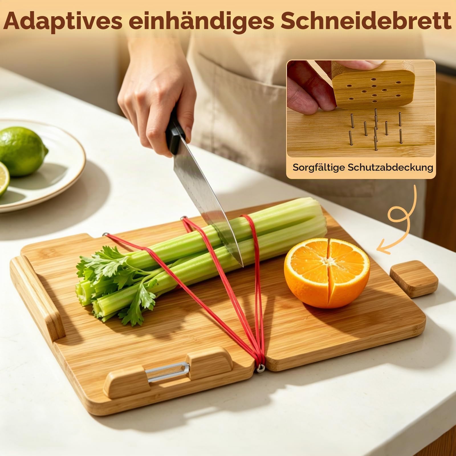 Einhand-Schneidebrett, Einhandbrett Holz Mit Schäler, Brotstopper & Spikes, Einhand Schneidebrett für Schlaganfallpatienten, Behinderte & Amputierte, Einhänderbrett Hilfsmittel für Küche & Frühstück