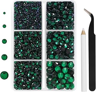 Hotfix Rhinestones 3960pcs, Green Rhinestone for Clothes, Hot Fix Crystals Rhinestones with Tweezers and Wax Pencil Kit,Mixed 5 Sizes, SS6-SS30, Emerald