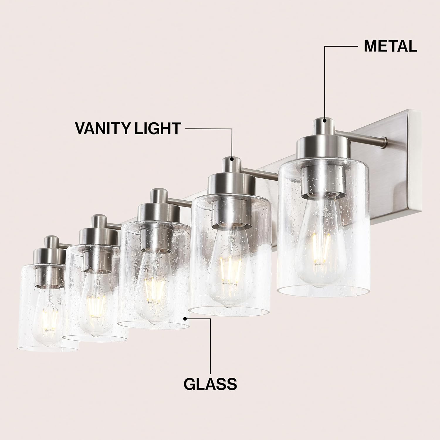 JONATHAN Y 36" Nickel/Clear 5-Light Modern LED Vanity Light for Bathroom Mirror, Mid-Century Wall Sconce with Clear Seeded Glass Shades, Contemporary Iron Fixture, LED Bulbs (JYL7620A)