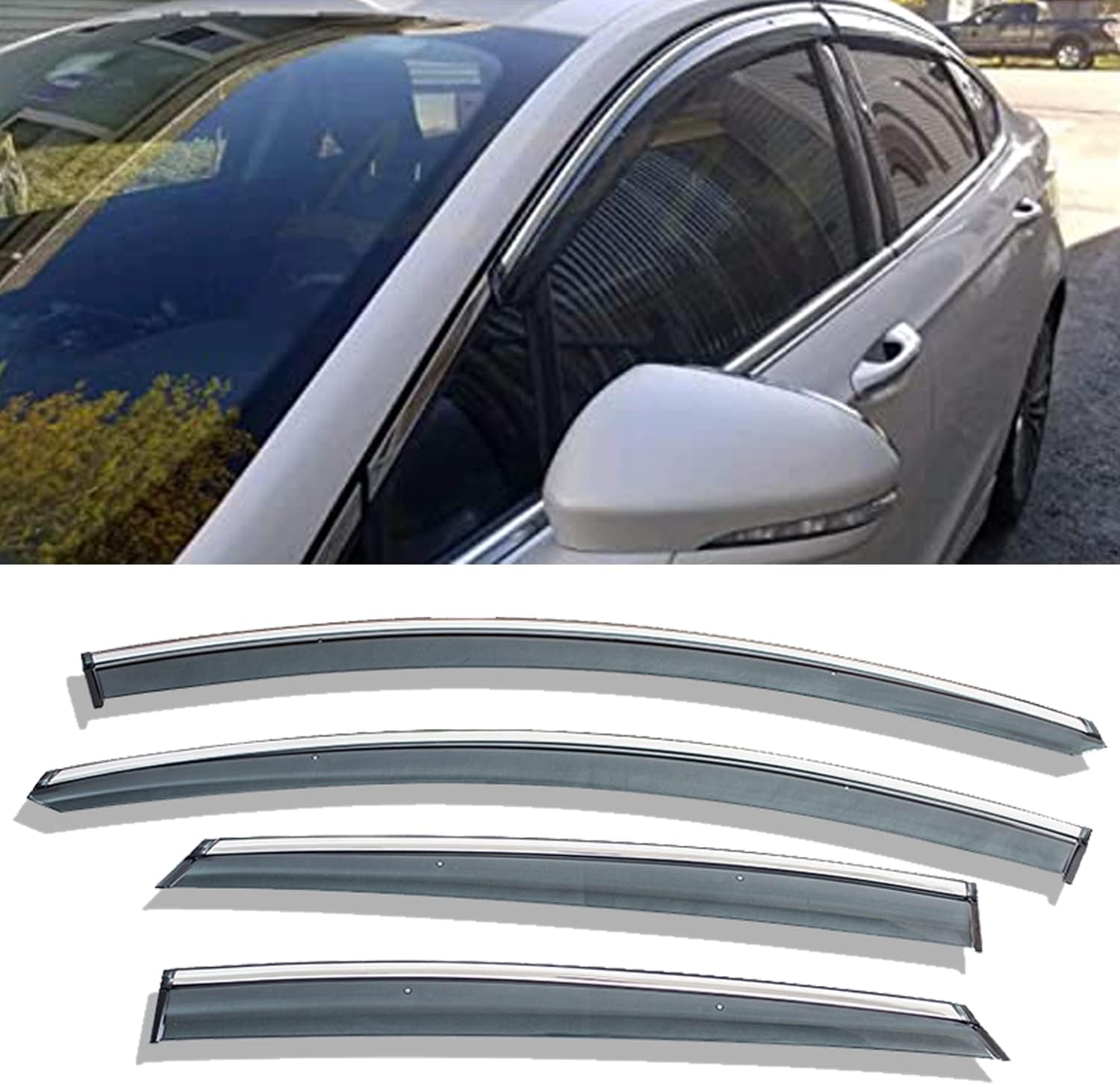 Window Visors Compatible with 13-20 Fusion 4pcs Smoke Tint with Chrome Trim Outside Mount Tape On/Clip On Style PVC Sun Rain Guard Vent