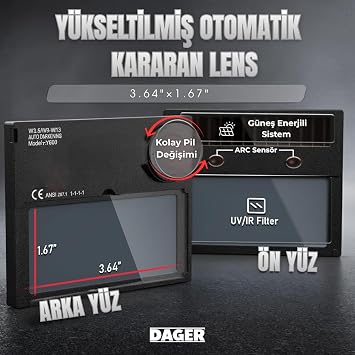 Dager MERDE Otomatik Kararan Colormatik Kaynak Maskesi – Ayarlanabilir Kararma Seviyesi, Geniş Görüş, Profesyonel TIG MIG MMA Uyumlu Maske