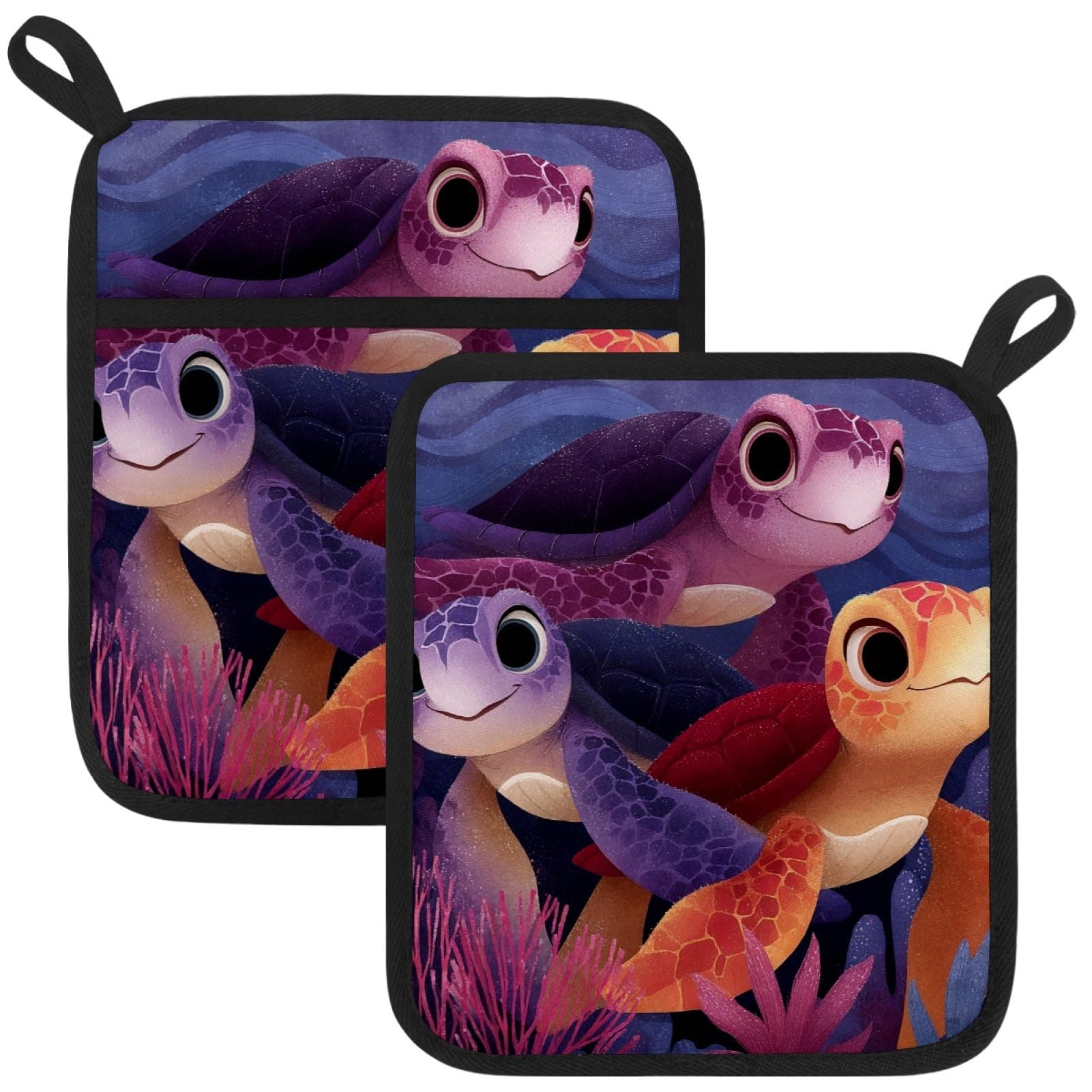 VAPOKF Cartoon Turtls Pot Holders with Pocket for Kitchen Heat Resistant Potholders Large Polyester-Cotton Square Oven Mitts Set