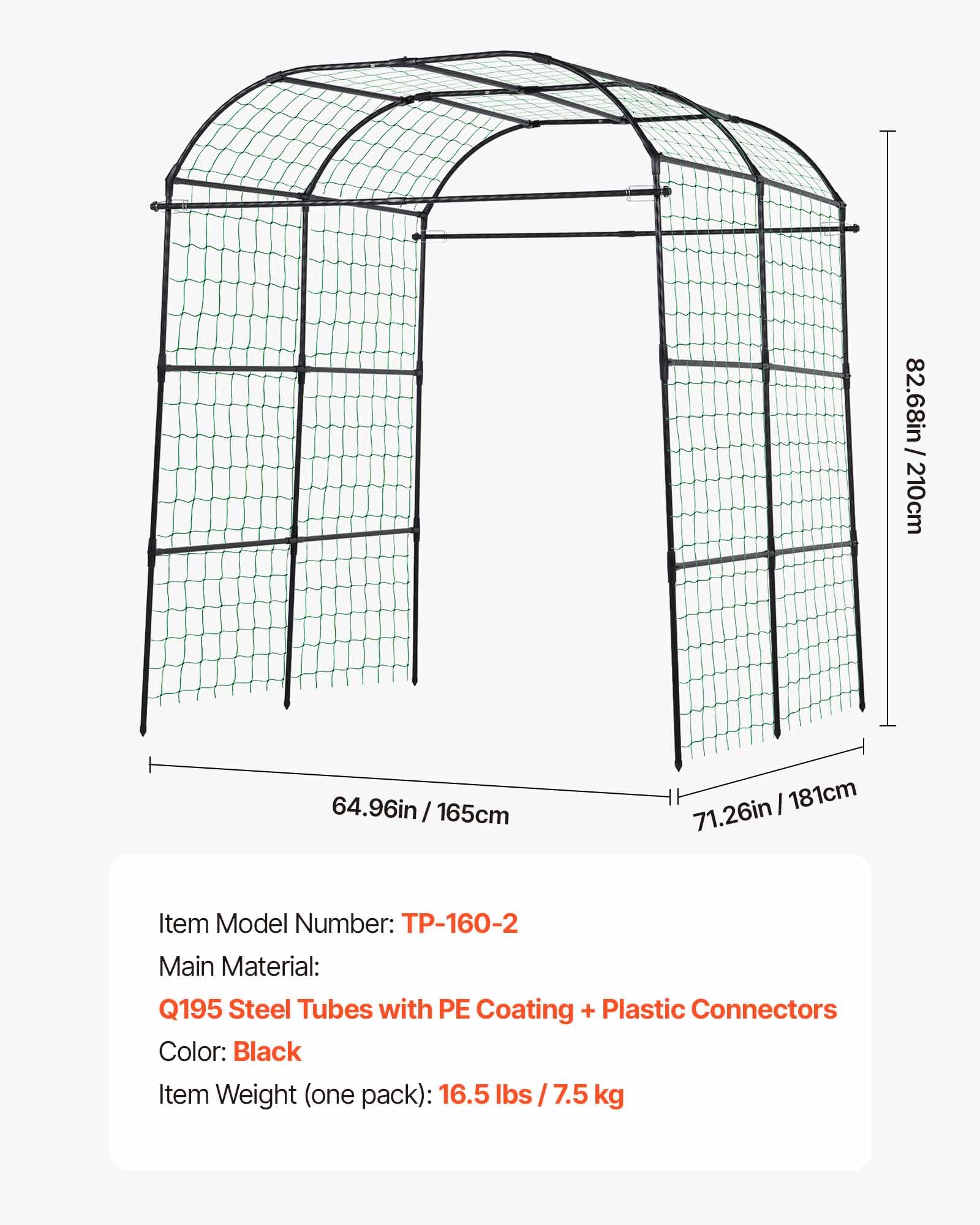 VEVOR Treillis à Concombres Forme Arche Treillis de Jardin Métal Support Plante Grimpante Extérieur pour Vignes, Pois, Haricots, Courgettes, Tomates, Fleurs, Revêtement Plastique PE, 181x165x210 cm