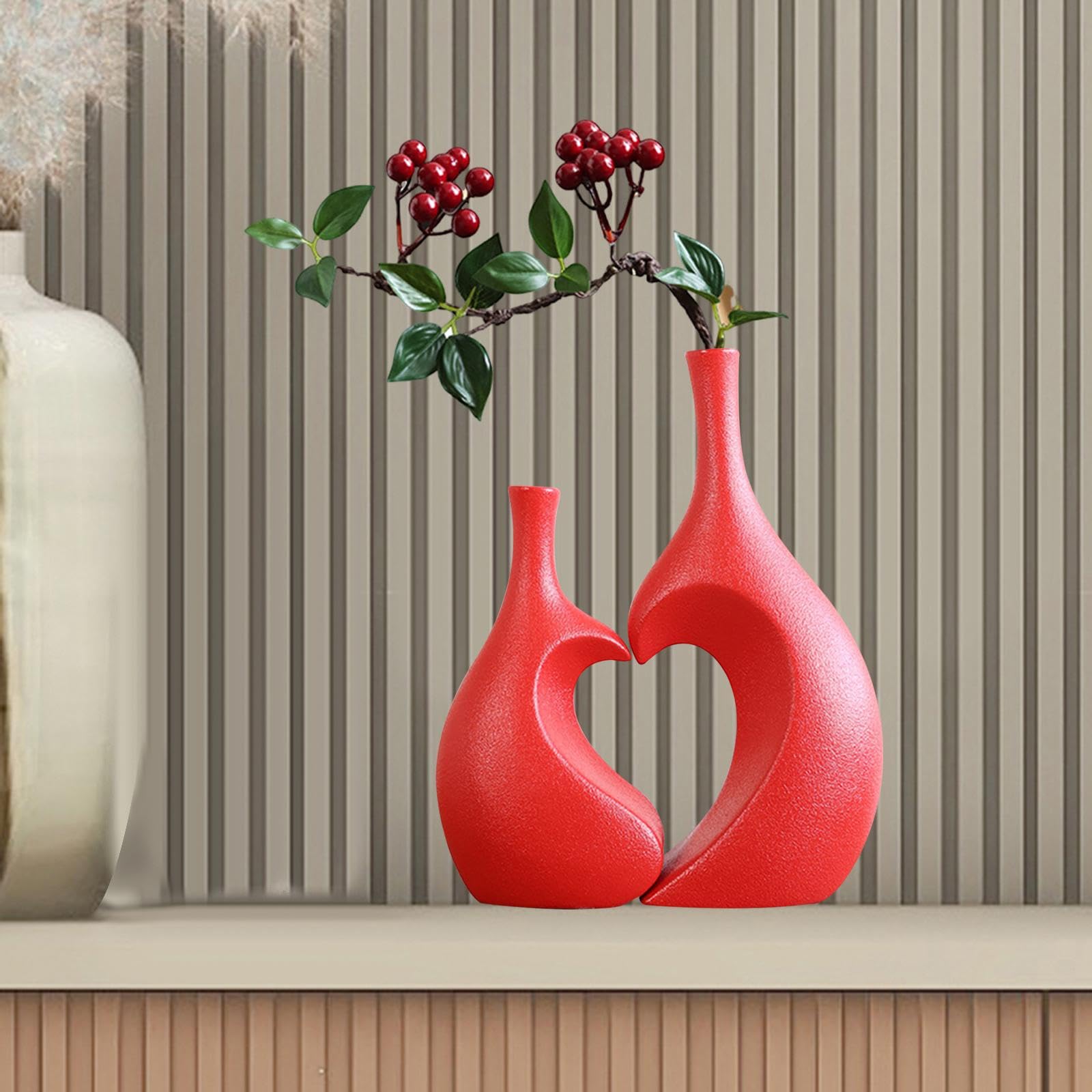 2 Vasi in Ceramica, Vasi Decorativi, Sculture, Portafiori dal Design Moderno a Forma di Cuore E Finitura Opaca per Matrimoni, Regali E Soggiorni, Rosso