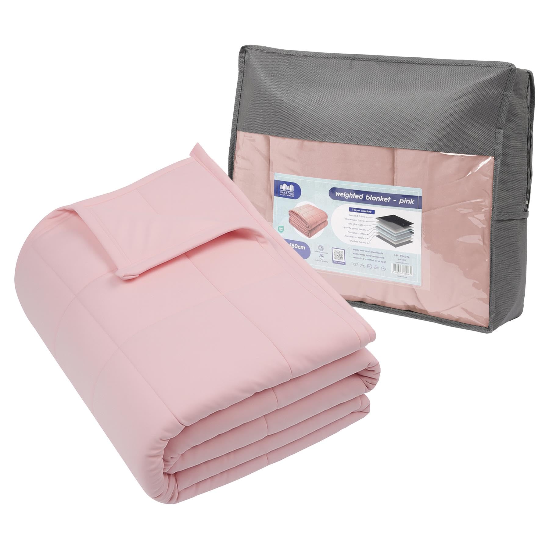 Harbour Housewares Weighted Blanket 6kg with Storage Bag – 125x180cm Pink Weight Blanket for Anxiety, Stress Relief & Deep Sleep – Soft Fabric Calming Throw with Glass Bead Filling