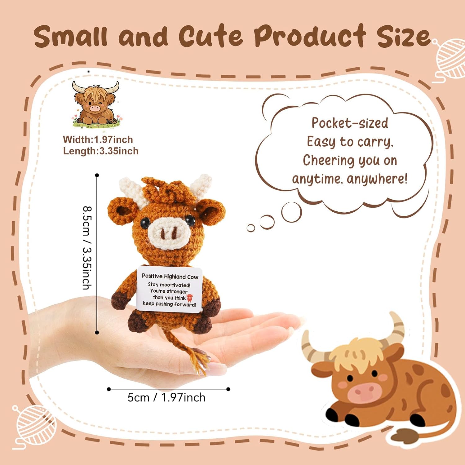 Funny Positive Highland Cow, Cute Knitted Cow Doll with Positive Card, Emotional Cheer Up Support Gift for Women Men Coworker Friends, Family Party Christmas Birthday Decoration