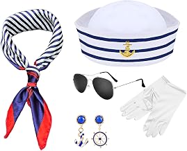 Captain Sailor Costume Set, 5 Piece Set Hat and Earrings + Sunglasses+Gloves + Striped Sailor Scarf, One Size, for Halloween Les Rave Parties