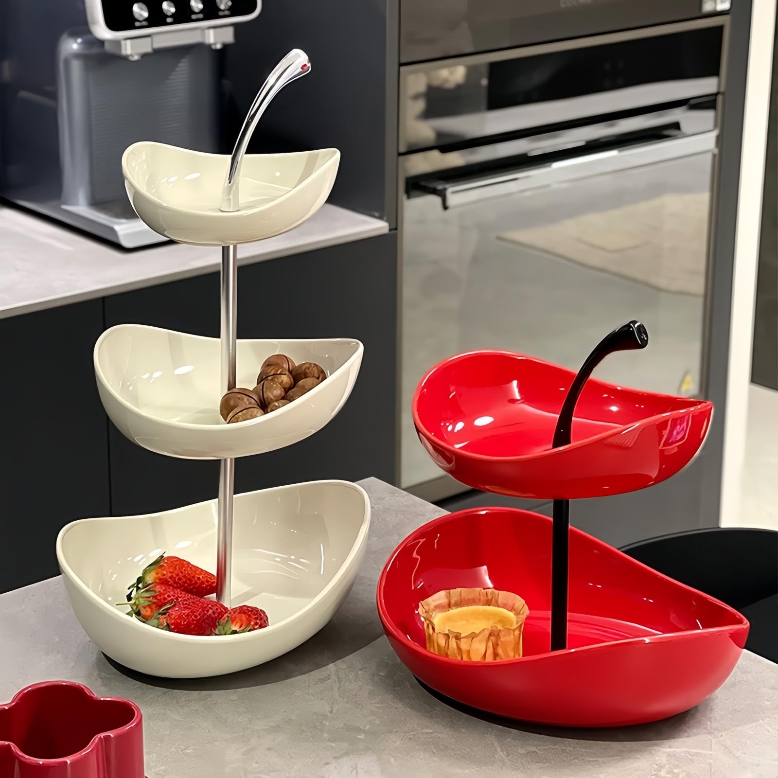 Bandeja de frutas de doble capa Cuenco de frutas de cerámica de 3 niveles Cuencos de cerámica de varias capas con soporte de metal, bandeja para servir,Rojo,Double Layer