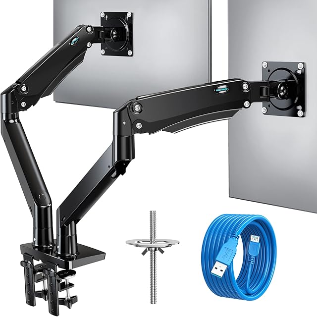 HUANUO Dual Monitor Stand for 15-35 inch Ultrawide Screens,Height Adjustable Dual Monitor Arm Desk Mount with 2 USB Port, Dual Monitor Mount with 2 Long Arms with Strengthened Weight Capacity - 12KG