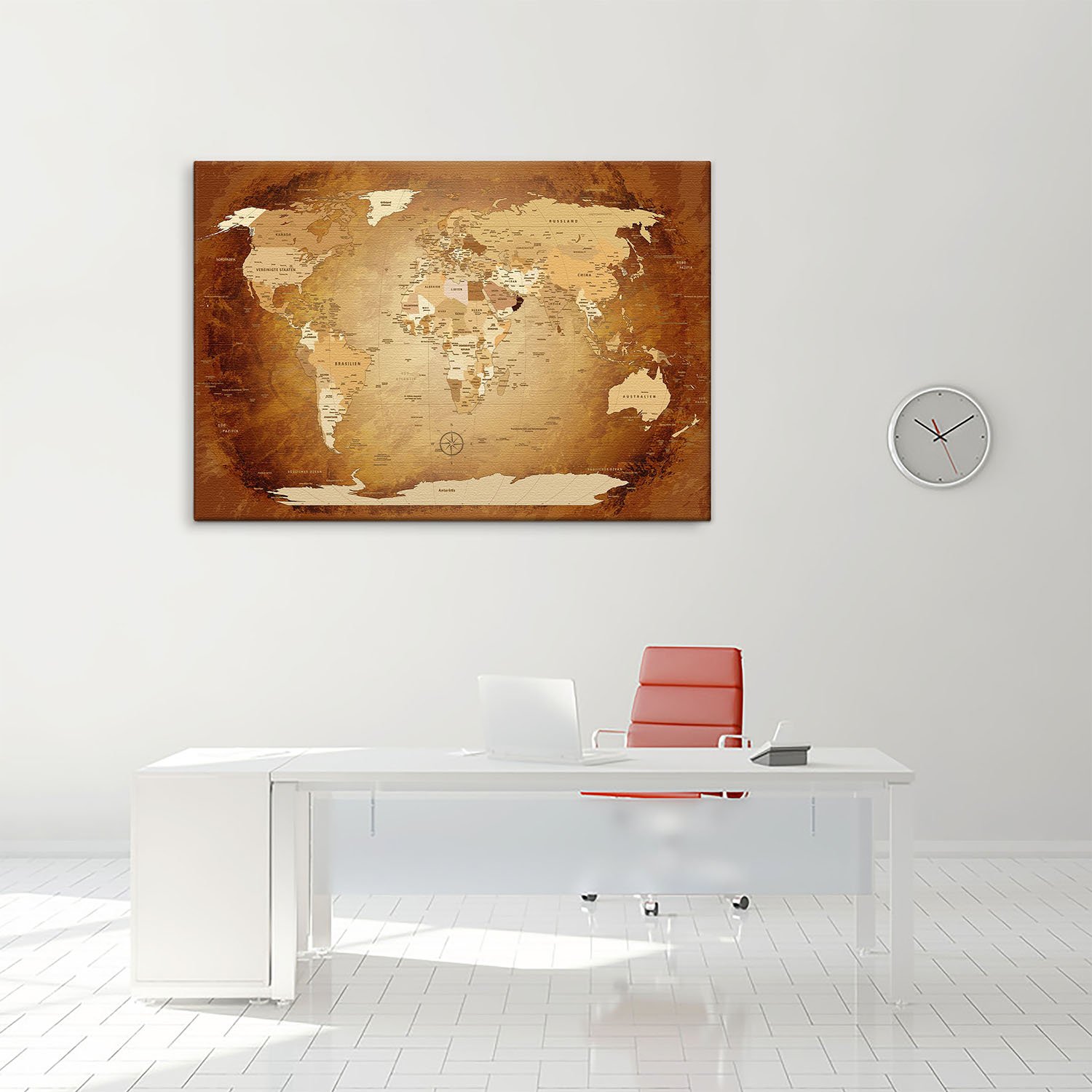 LanaKK Weltkarte "Worldmap Braun Colorful" – Deutsch, Auf Echtholz-Keilrahmen (4 Cm), 120x80 Cm, Leinwand-Pinnwand