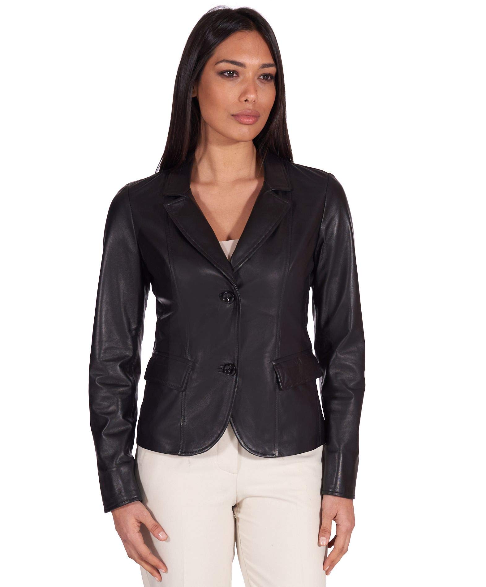 D'Arienzo Damen Italienische Lederblazer Schwarze Verschraubte Echtleder lammnappa Made in Italy FZ