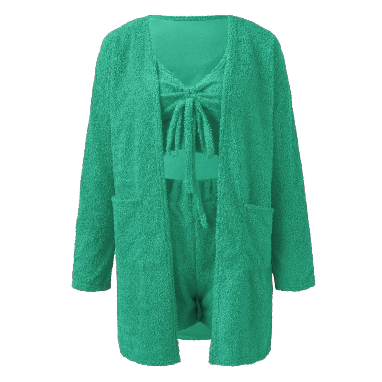 Pyjama pour femme en peluche chaude | Combinaison de maison pour femme 3 pièces Pyjama doux avec pyjama | Ensemble cami et short Ensemble de vêtements de nuit pour femme Manteau uni Ensembles de