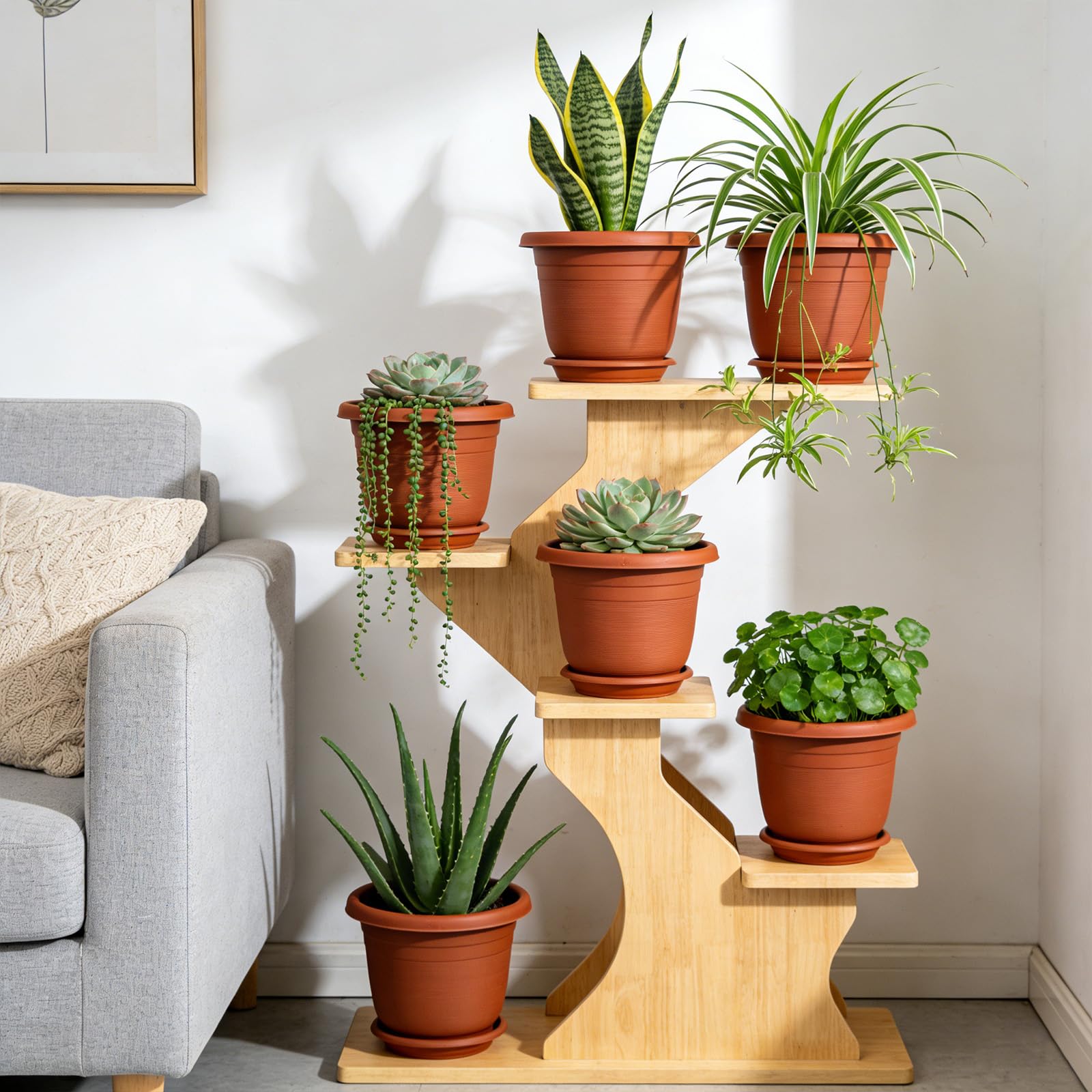 6Pack 15.5cm/6.1-in Plant Pots Indoor Plastic Flower Pots with Drainage Holes and Saucers Modern Decorative Planters Succulent Indoor Outdoor Plants - Terracotta — view 7