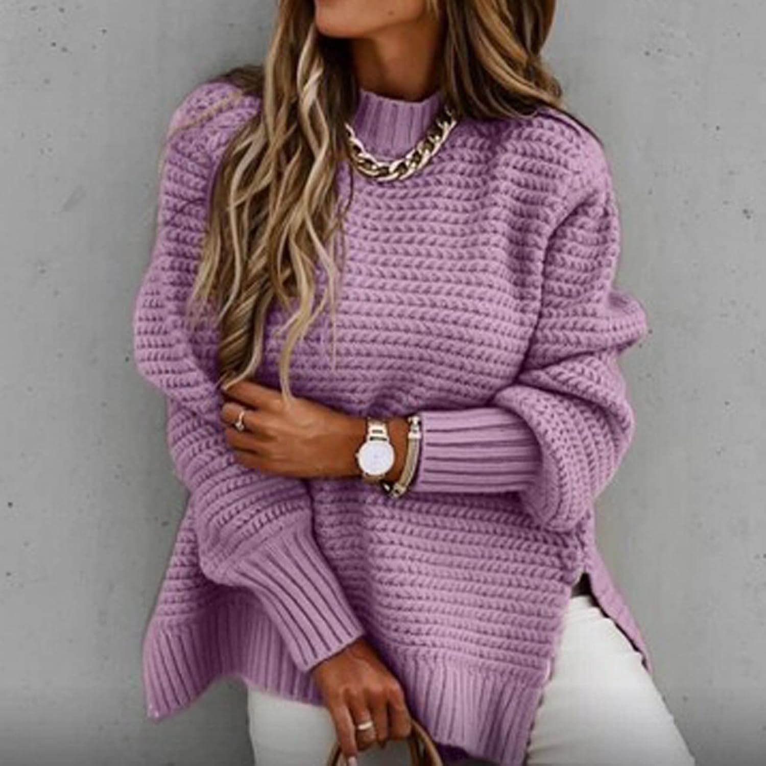 Women's Oversized Sweater Turtleneck Batwing Sleeve Blouse Winter Long Sleeve Ladies Cable Knit Tops Side Split