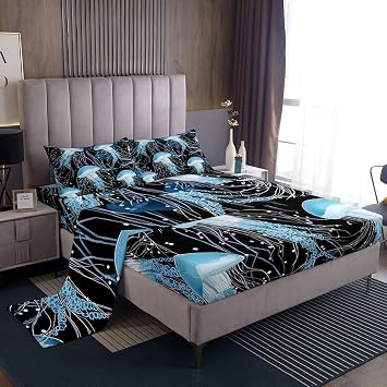 Teal Jellyfish Bed Sheets Coastal Ocean Beach Theme Sea Sheet Set Full,Under The Sea Life Jelly Fish Fitted Sheet for Boys Kids Girls,Nautical Creature Underwater World Tropical Sheets