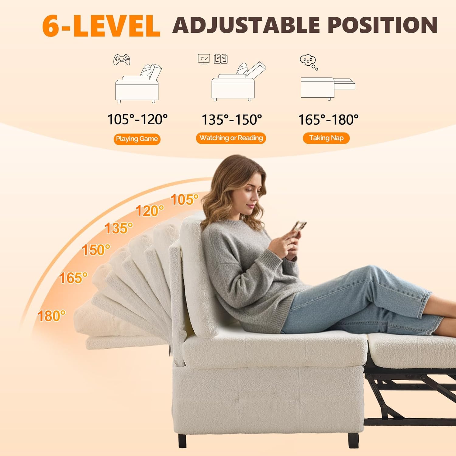 VINGLI Convertible Sofa Bed Tufted Teddy Fleece Sleeper Chair Bed Couch Armless Living Room Chairs with Adjustable Backrest Pull Out Couch Bed for Small Spaces