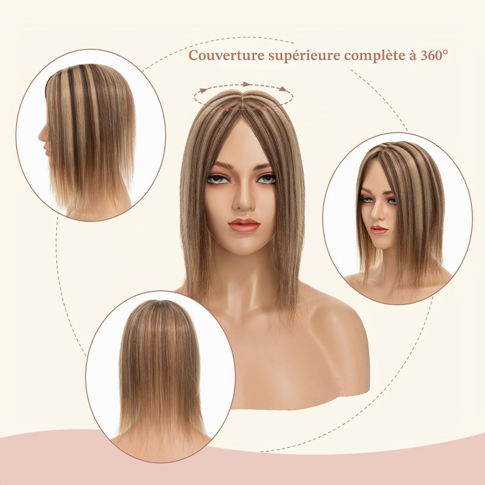 Elailite Volumateur Capillaire Femme Naturel a Clip Cheveux Naturel Toupet Humain (Base 10cm*12cm) 15cm 27g #4+27 MARRON CHOCOLAT MECHE BLOND FONCE