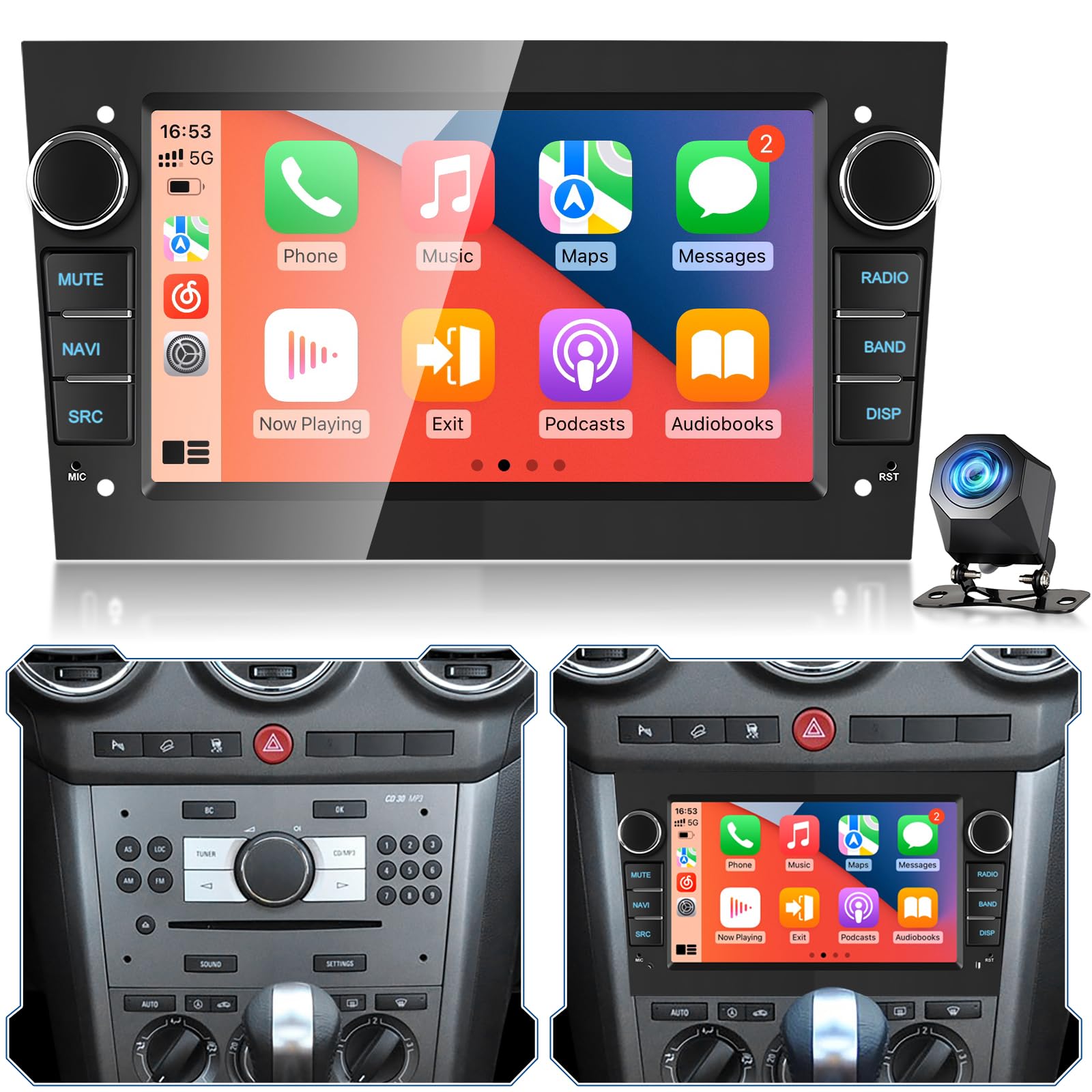 Radio de Coche Android para Opel Corsa D, Astra H, Zafira B, Meriva A/B, Vivaro, Combo, Tigra TwinTop, CarPlay Android Auto inalámbrico, GPS, DSP, WiFi, Plug & Play + Cámara Trasera