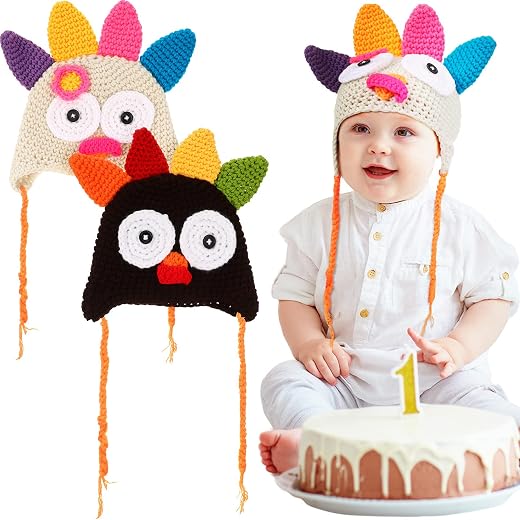 Heentan 2 PiecesThanksgiving Turkey Hat Knitted Turkey Beanie Cap Baby Chicken Costume Turkey Costume Hat Photo Prop Blac...