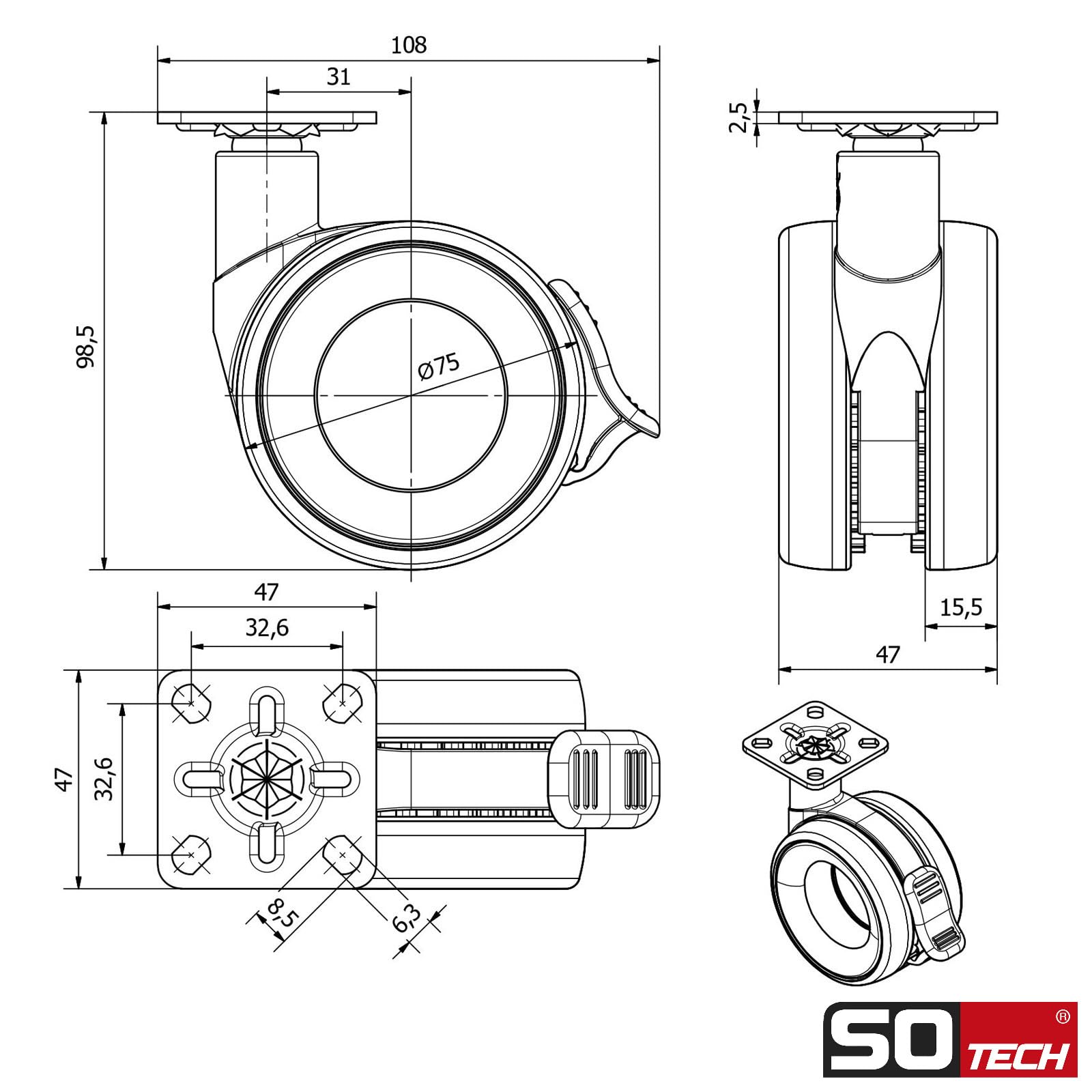 SOTECH 4er Set Premium Möbelrollen Düsseldorf Ø 75 mm (Höhe 98,5 mm, chrom/schwarz, 2x Lenkrollen, 2x Lenkrollen mit Bremse, Anschraubplatte 47 x 47 mm) Transportrolle für moderne Möbelstücke