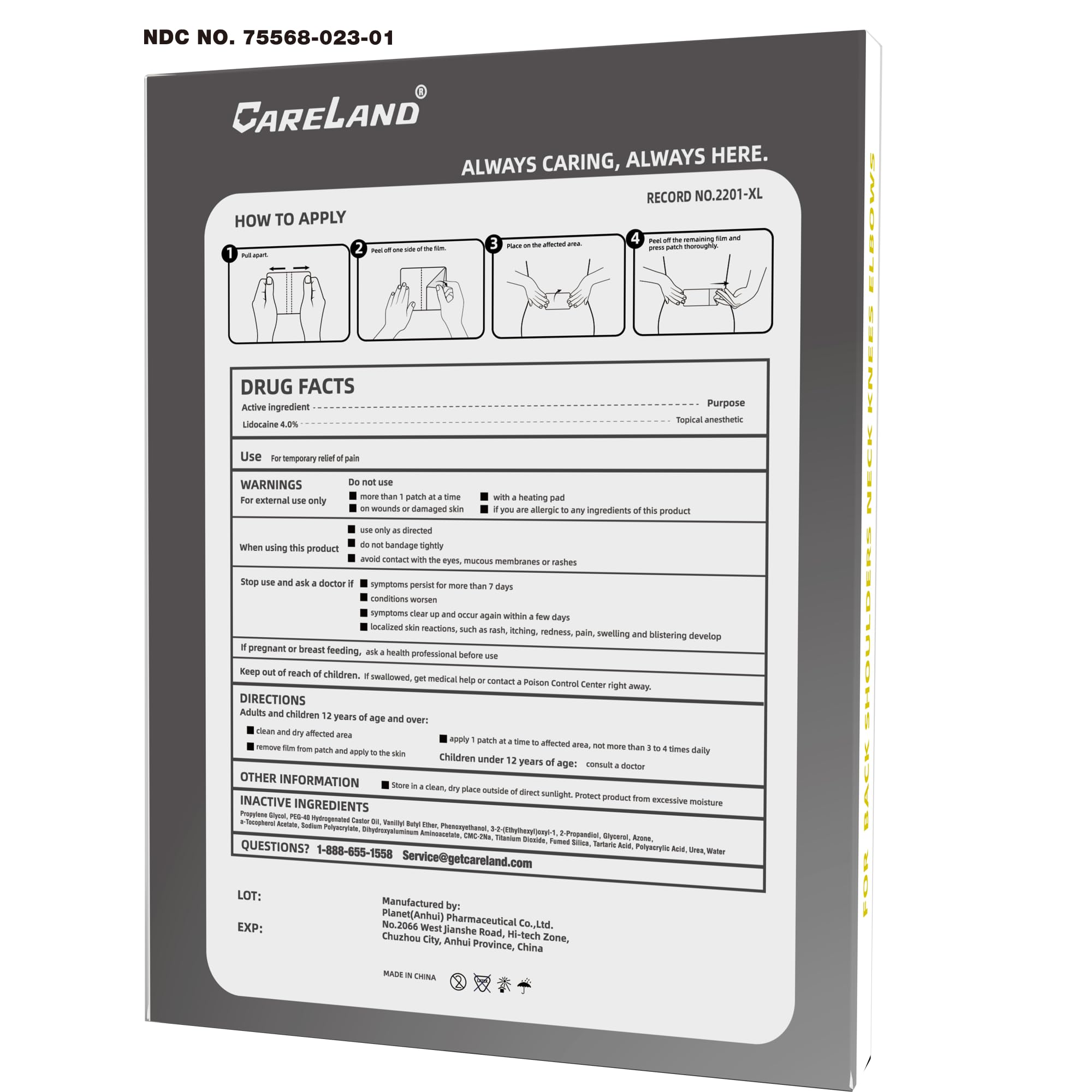 CARELAND 14x25cm XL Extra Large Lidocaine Patches, Maximum Strength, 6ct — Amazon image 4