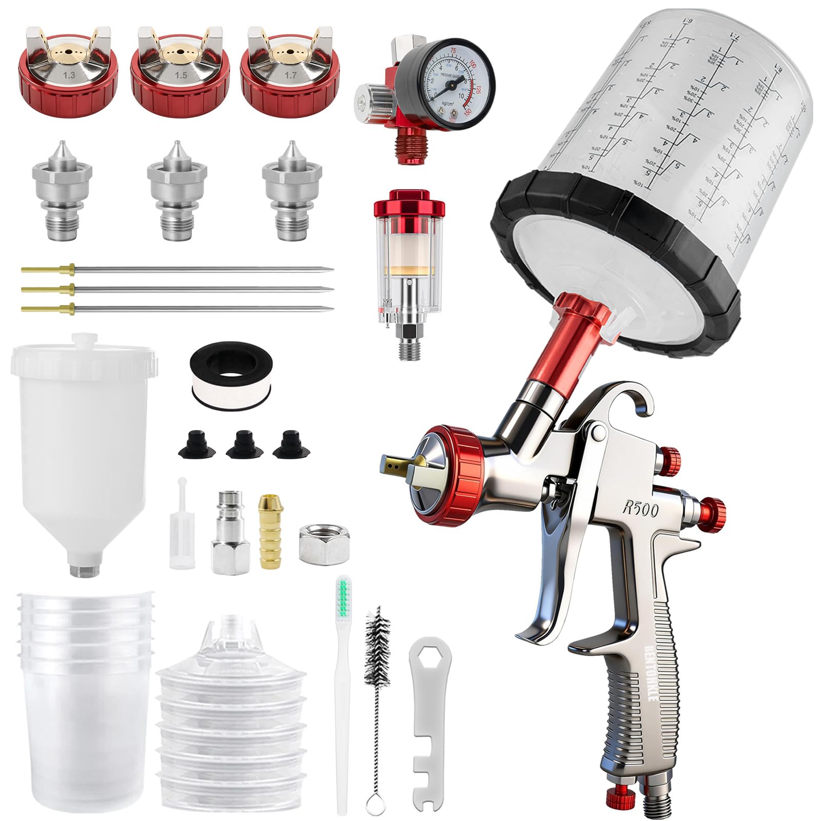 R500 LVLP Lackierpistole Spritzpistole mit Düsen 1,3/1,5/1,7 mm, 600ml Farbbehältern und 650ml Einweg-Farbbehältern, R500 Lackierpistole Druckluft LVLP Farbspritzpistole für Kfz, Möbel