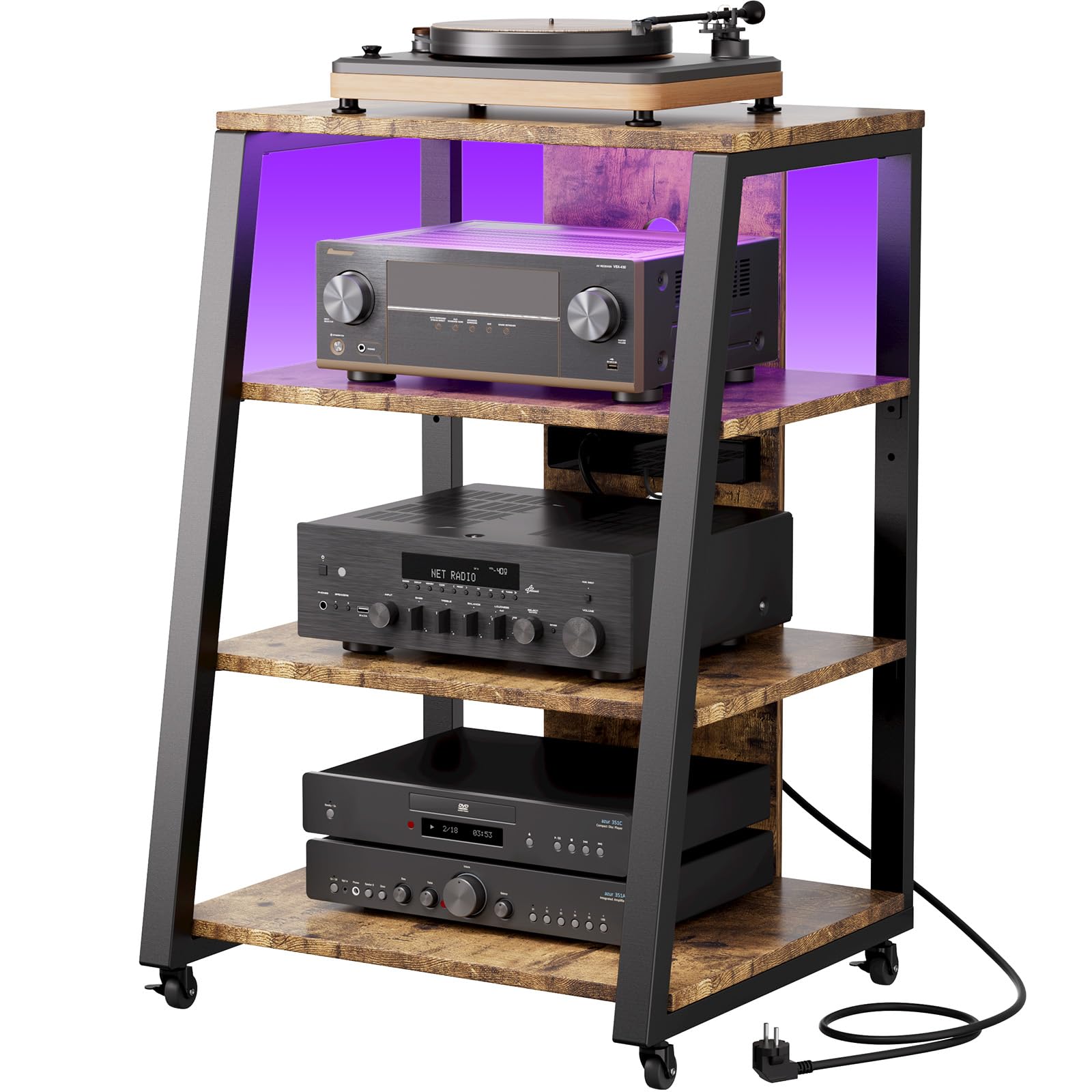 Lifewit 4-stufiger HiFi Regale mit Rädern und verstellbaren Ablage, Plattenspieler Tisch mit Steckdosenleisten und LED-Leuchten, AV-Medienständer Für Wohnzimmer/Heimkinoer, 60 x 55 x 90 cm, Schwarz